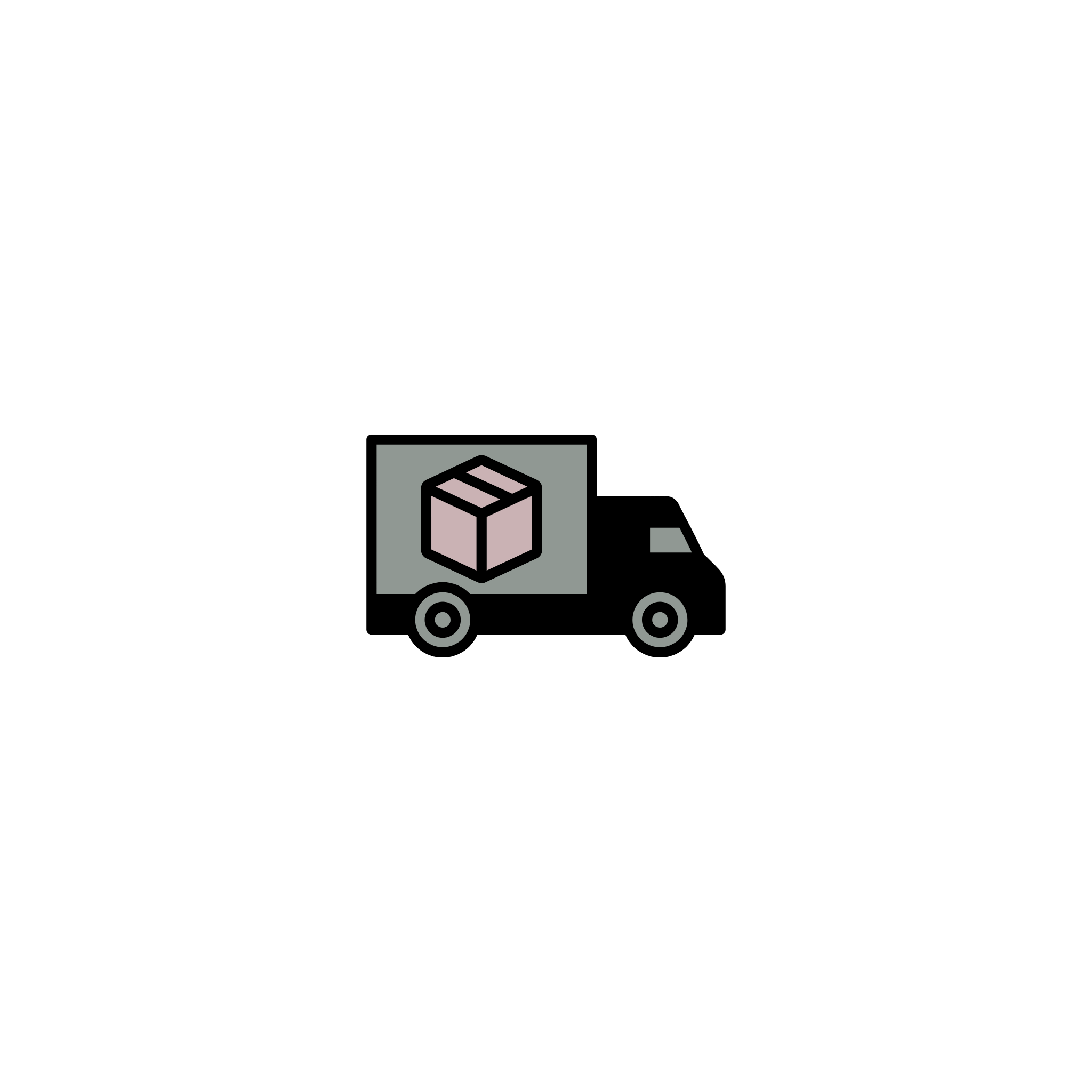 A simple delivery truck icon with a pink box symbol on its side, centered on a solid dark green background.